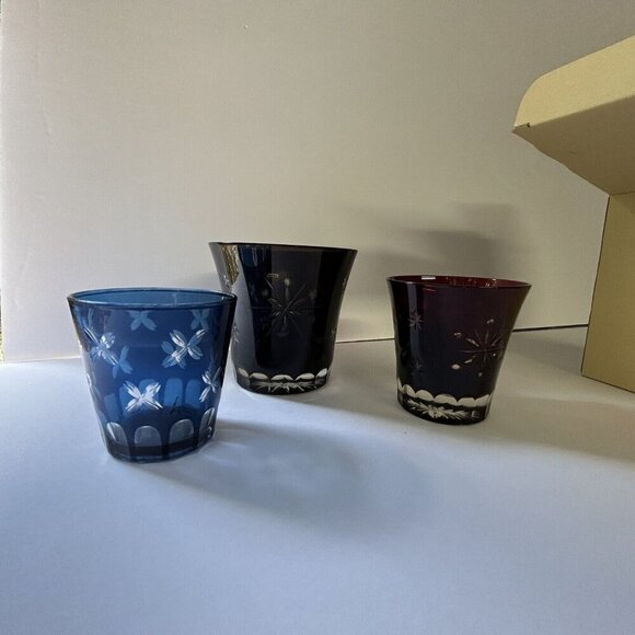 Rising Star SET of 3 4" Smoky Gray, 3" Red, 3" Blue Japanese Cut Clear Tumblers